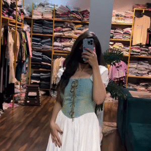 Denim Corset Style White Maxi Dress