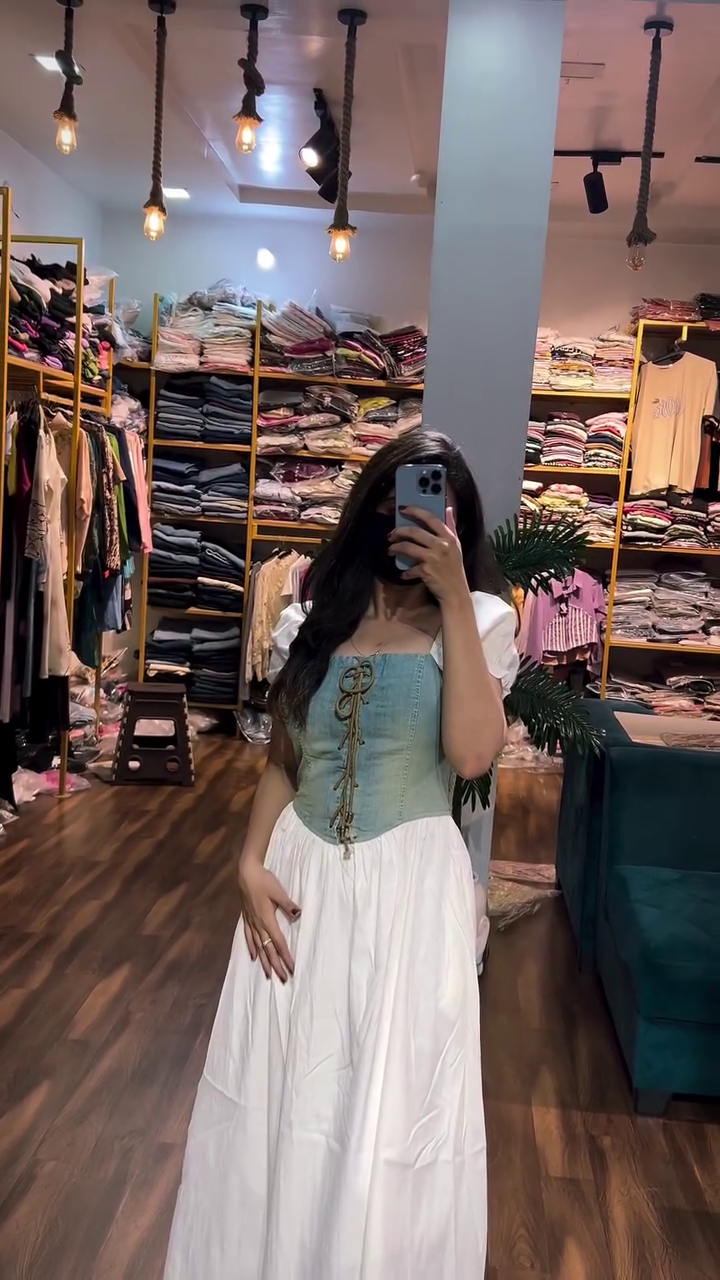 Denim Corset Style White Maxi Dress