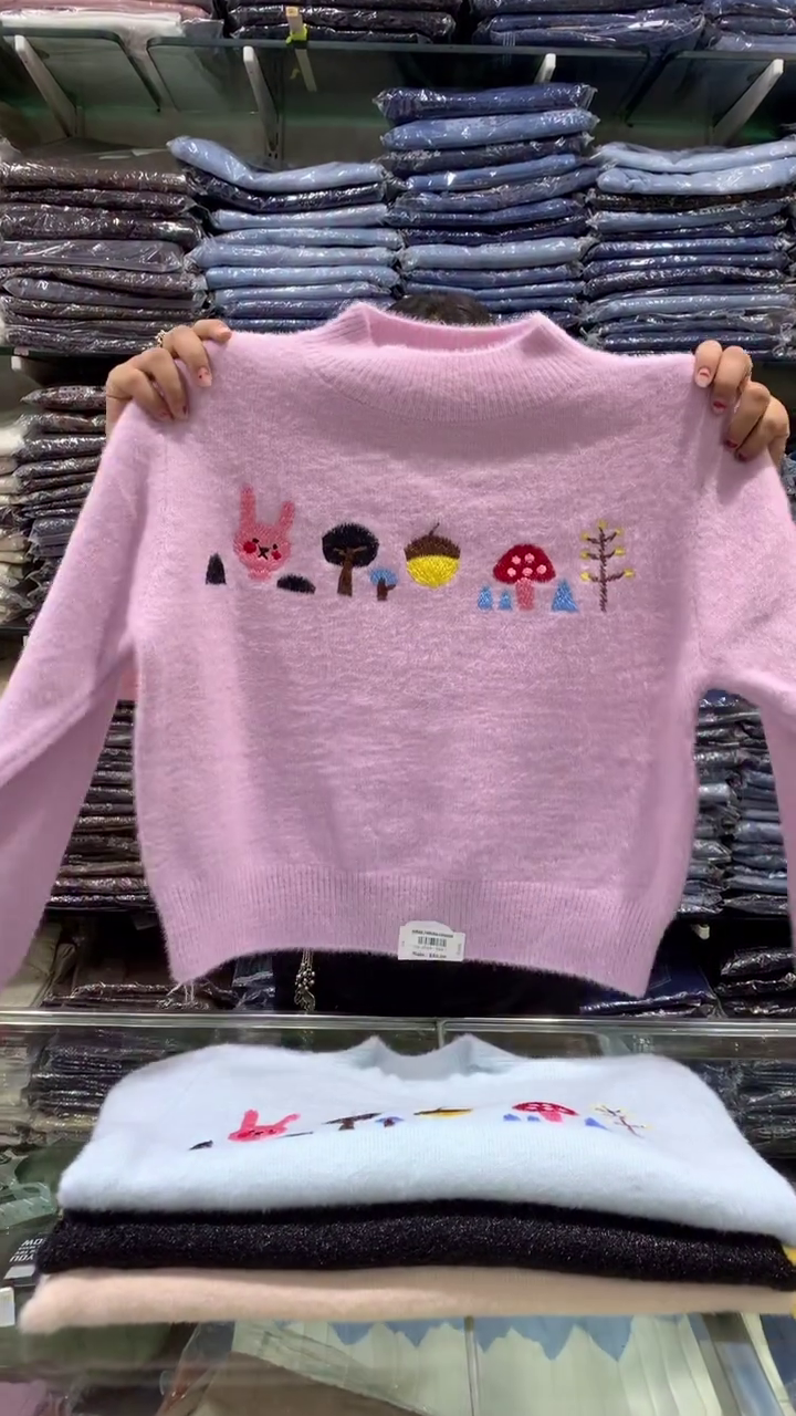 🧸 Women’s Fuzzy Embroidered Winter Sweater – Cute Bunny & Forest Knit Pullover - Image 6