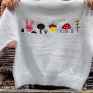 🧸 Women’s Fuzzy Embroidered Winter Sweater – Cute Bunny & Forest Knit Pullover