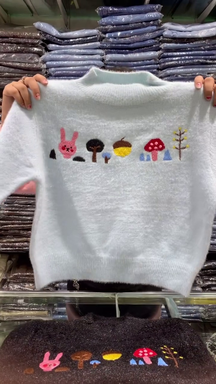 🧸 Women’s Fuzzy Embroidered Winter Sweater – Cute Bunny & Forest Knit Pullover