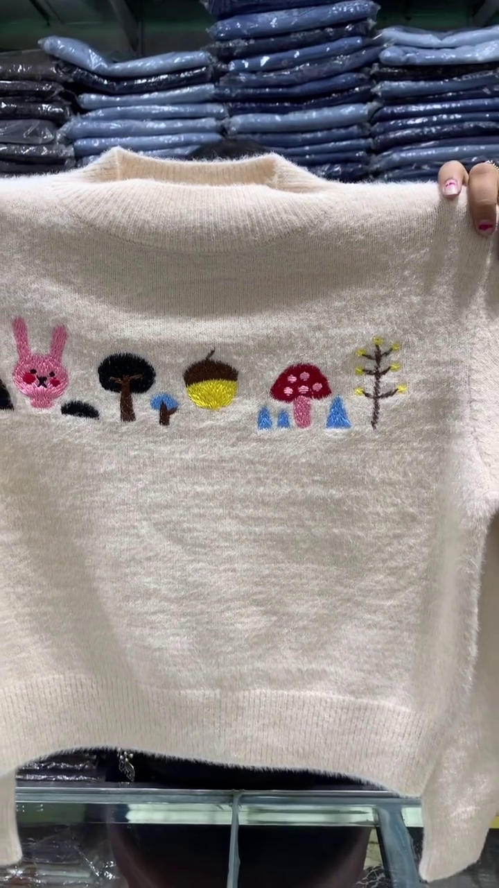 🧸 Women’s Fuzzy Embroidered Winter Sweater – Cute Bunny & Forest Knit Pullover - Image 5