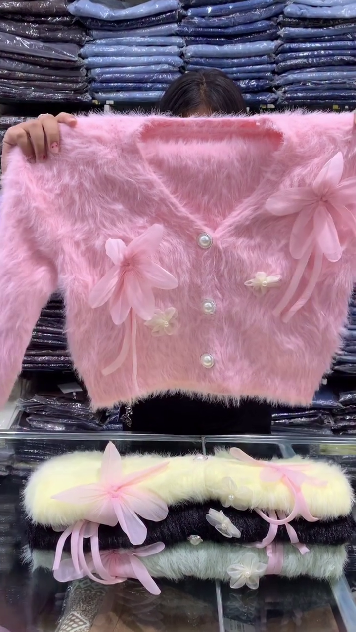 ๐ Womenโs Soft Fuzzy Floral Cardigan โ Pearl Button Bow Sweater 2025 | Pastel Winter Knitwear