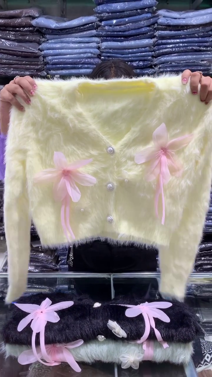 ๐ Womenโs Soft Fuzzy Floral Cardigan โ Pearl Button Bow Sweater 2025 | Pastel Winter Knitwear - Image 2