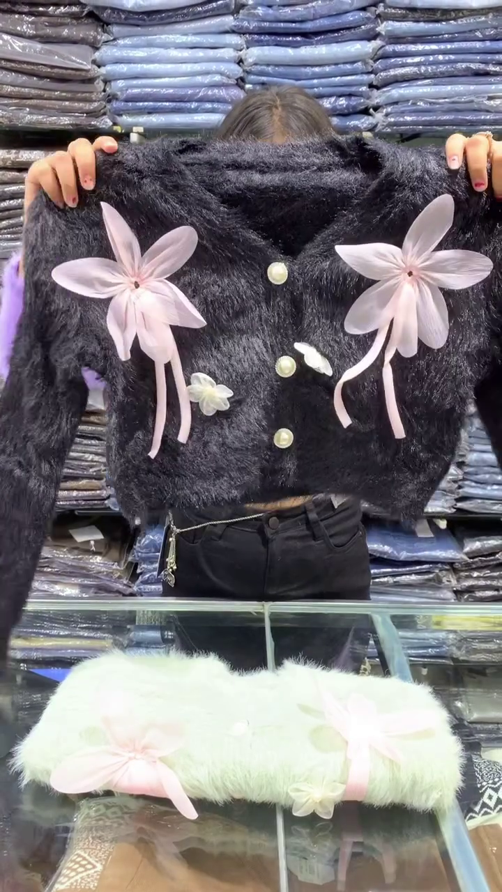 ๐ Womenโs Soft Fuzzy Floral Cardigan โ Pearl Button Bow Sweater 2025 | Pastel Winter Knitwear - Image 3