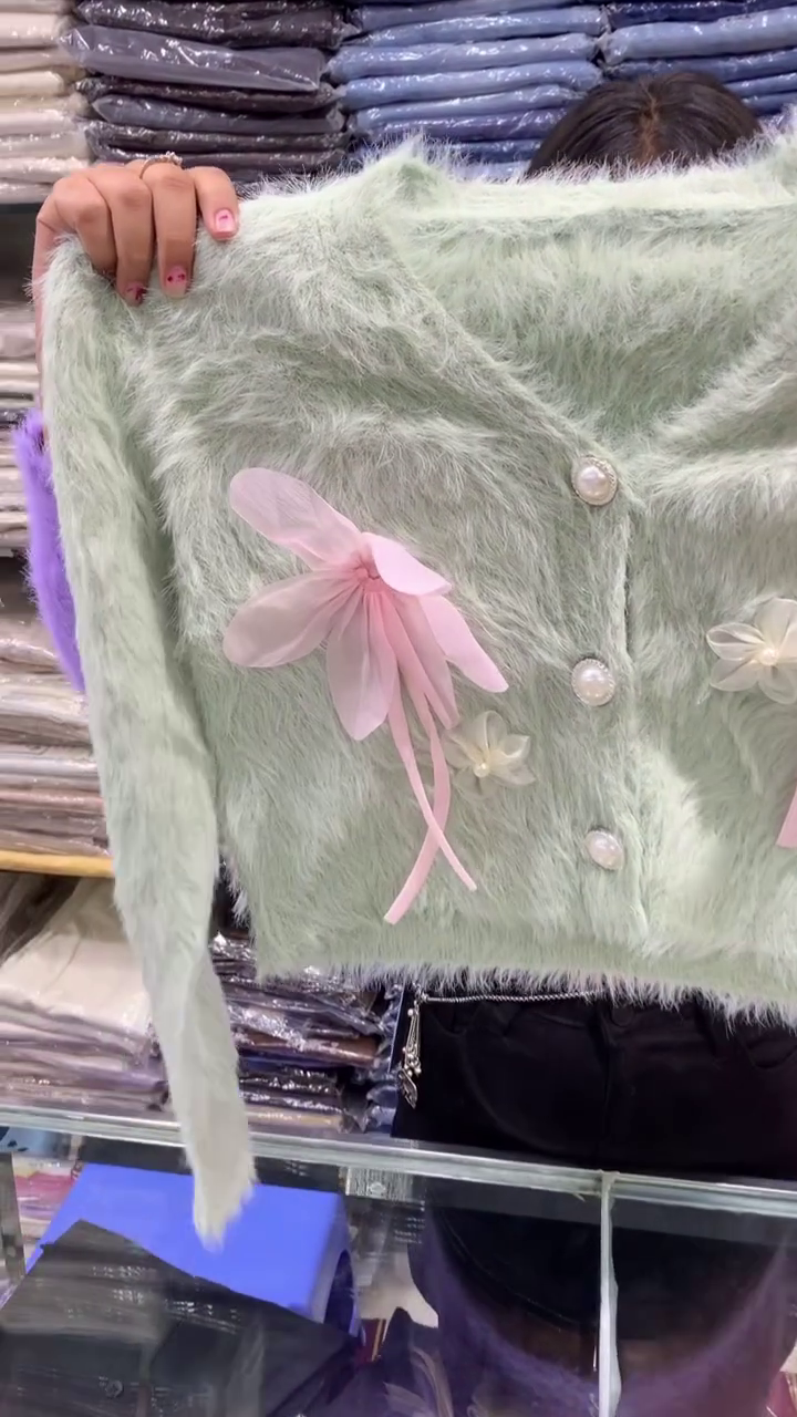 ๐ Womenโs Soft Fuzzy Floral Cardigan โ Pearl Button Bow Sweater 2025 | Pastel Winter Knitwear - Image 4